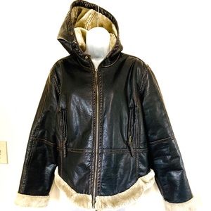 Dark Brown Faux Leather Faux Fur Hooded Coat